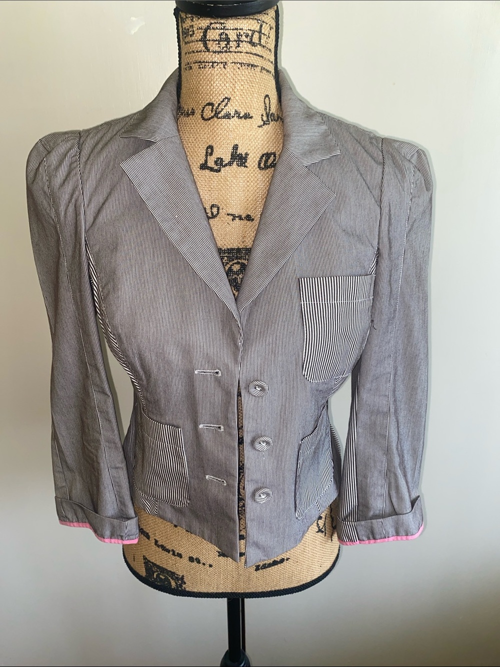 Diane Von Furstenberg Gray Pinstripe Tailored Blazer with Pink Trim